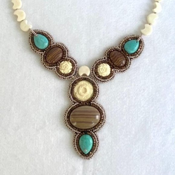 Hand Beaded Y Statement Necklace Natural Stone - Picture 2 of 13